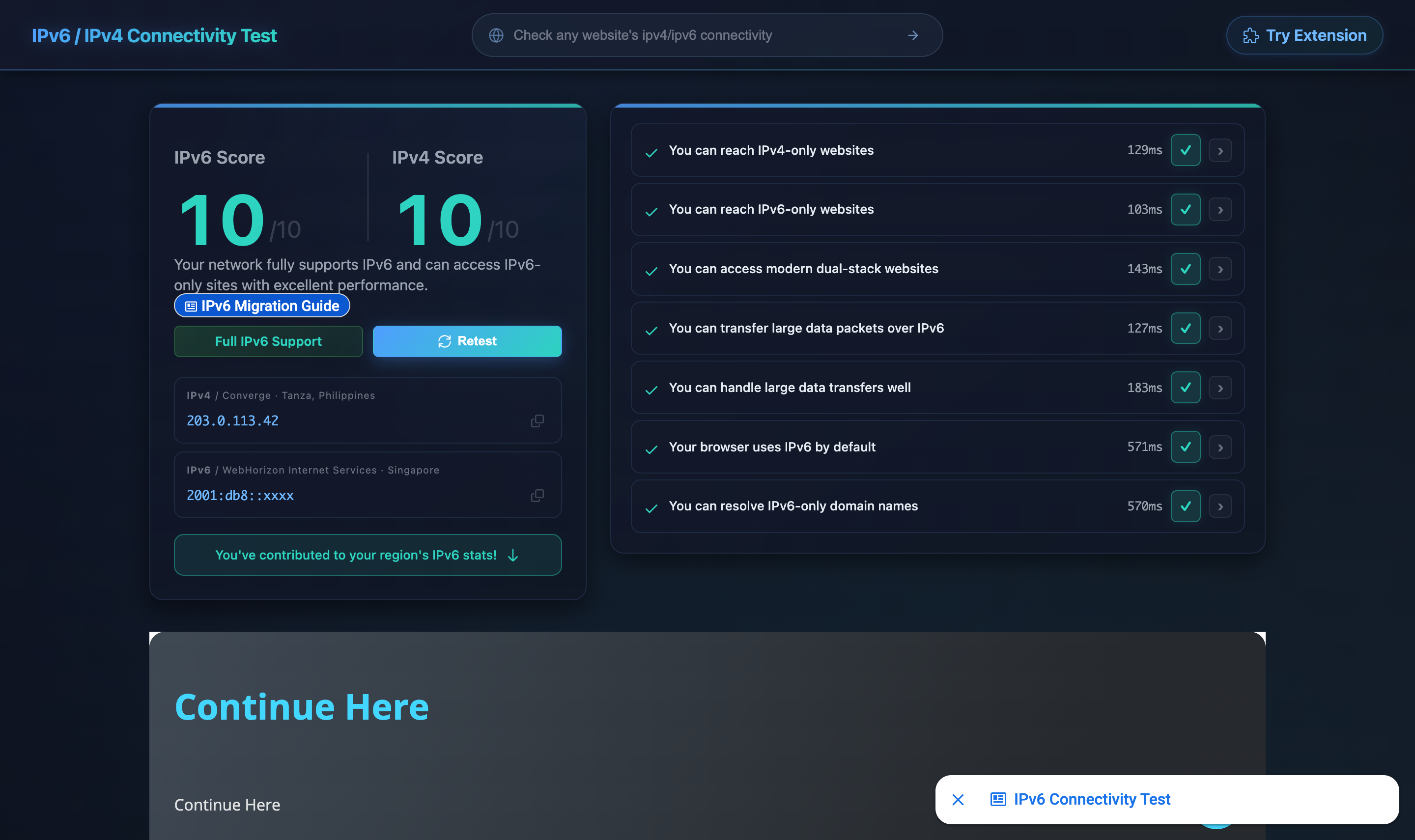 test-ipv6.run from a LAN client showing IPv6 Score 10/10 and IPv4 Score 10/10, with seven green-check connectivity rows on the right (reaches IPv4-only, IPv6-only and dual-stack websites, large data transfers, browser uses IPv6 by default, resolves IPv6-only domain names).